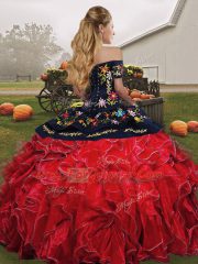 Simple Green Ball Gowns Organza Off The Shoulder Sleeveless Embroidery and Ruffles Floor Length Lace Up Quinceanera Gowns