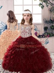 Excellent Floor Length Ball Gowns Sleeveless Burgundy Little Girls Pageant Gowns Lace Up