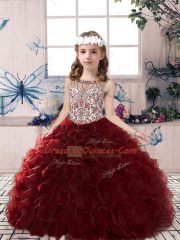 Excellent Floor Length Ball Gowns Sleeveless Burgundy Little Girls Pageant Gowns Lace Up