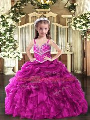 Organza Straps Sleeveless Lace Up Beading and Ruffles Pageant Dress for Teens in Fuchsia
