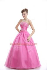 Strapless Sleeveless Lace Up 15th Birthday Dress Rose Pink Organza