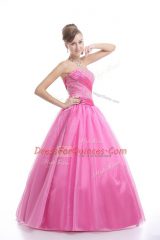 Strapless Sleeveless Lace Up 15th Birthday Dress Rose Pink Organza