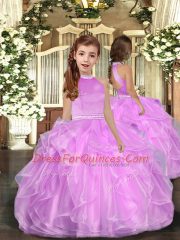 Nice Lilac Sleeveless Floor Length Beading and Ruffles Backless Girls Pageant Dresses