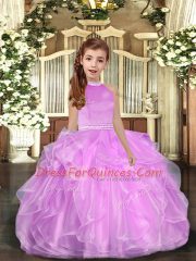 Nice Lilac Sleeveless Floor Length Beading and Ruffles Backless Girls Pageant Dresses