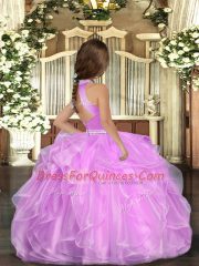 Nice Lilac Sleeveless Floor Length Beading and Ruffles Backless Girls Pageant Dresses