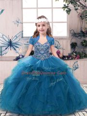 Floor Length Blue Pageant Gowns Tulle Sleeveless Beading and Ruffles