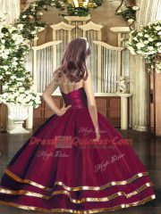 Great Burgundy Ball Gowns V-neck Sleeveless Tulle Floor Length Zipper Ruffled Layers Little Girl Pageant Dress