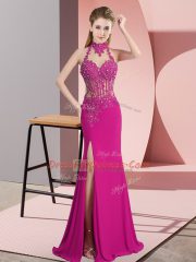 Elegant Fuchsia Chiffon Backless Halter Top Sleeveless Floor Length Evening Dress Lace and Appliques