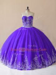 Floor Length Purple 15th Birthday Dress Tulle Sleeveless Embroidery