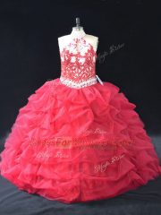 Simple Sleeveless Floor Length Beading and Lace Backless Sweet 16 Dress with Red