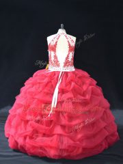 Simple Sleeveless Floor Length Beading and Lace Backless Sweet 16 Dress with Red