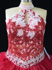 Simple Sleeveless Floor Length Beading and Lace Backless Sweet 16 Dress with Red