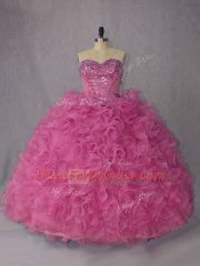 Rose Pink Lace Up Halter Top Beading and Ruffles Quinceanera Dresses Organza Sleeveless Brush Train