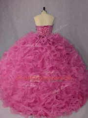 Rose Pink Lace Up Halter Top Beading and Ruffles Quinceanera Dresses Organza Sleeveless Brush Train