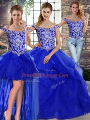 Off The Shoulder Sleeveless Tulle Vestidos de Quinceanera Beading and Ruffles Brush Train Lace Up