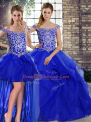 Off The Shoulder Sleeveless Tulle Vestidos de Quinceanera Beading and Ruffles Brush Train Lace Up