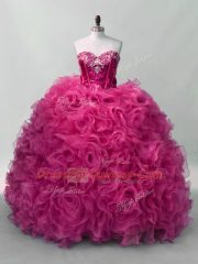 Chic Hot Pink Sleeveless Organza Lace Up 15th Birthday Dress for Sweet 16 and Quinceanera
