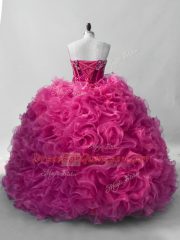 Chic Hot Pink Sleeveless Organza Lace Up 15th Birthday Dress for Sweet 16 and Quinceanera