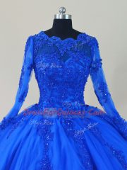 Custom Designed Royal Blue Long Sleeves Floor Length Lace and Appliques Zipper 15th Birthday Dress