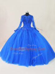 Custom Designed Royal Blue Long Sleeves Floor Length Lace and Appliques Zipper 15th Birthday Dress