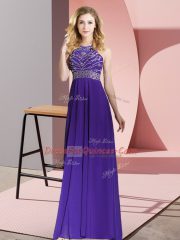 Romantic Purple Chiffon Backless Prom Dress Sleeveless Floor Length Beading