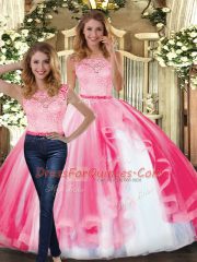 Extravagant Floor Length Clasp Handle Vestidos de Quinceanera Hot Pink for Military Ball and Sweet 16 and Quinceanera with Lace and Ruffles