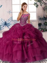 Fuchsia Ball Gowns Beading and Pick Ups Ball Gown Prom Dress Zipper Organza Sleeveless