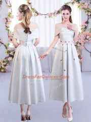Appliques Quinceanera Dama Dress Silver Lace Up Short Sleeves Tea Length