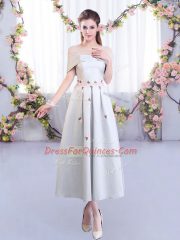 Appliques Quinceanera Dama Dress Silver Lace Up Short Sleeves Tea Length