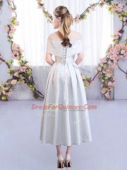 Appliques Quinceanera Dama Dress Silver Lace Up Short Sleeves Tea Length
