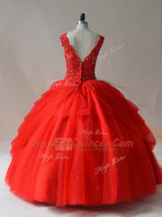 Fantastic Red Zipper V-neck Beading Sweet 16 Dresses Tulle Sleeveless