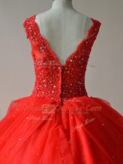 Fantastic Red Zipper V-neck Beading Sweet 16 Dresses Tulle Sleeveless