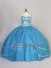 Affordable Blue Sleeveless Tulle Brush Train Lace Up Quince Ball Gowns for Sweet 16 and Quinceanera