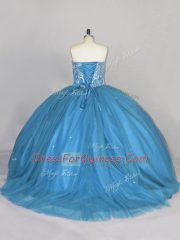Affordable Blue Sleeveless Tulle Brush Train Lace Up Quince Ball Gowns for Sweet 16 and Quinceanera