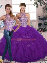 Noble Floor Length Two Pieces Sleeveless Purple Quince Ball Gowns Lace Up