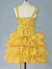 Captivating Gold Straps Neckline Beading and Ruffled Layers Casual Dresses Sleeveless Lace Up