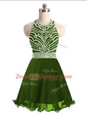 Olive Green Sleeveless Mini Length Beading Lace Up Prom Gown