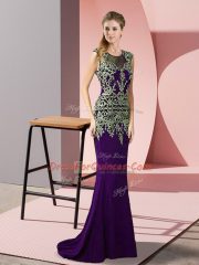 Purple Satin Zipper Scoop Sleeveless Prom Gown Sweep Train Appliques