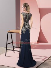 Purple Satin Zipper Scoop Sleeveless Prom Gown Sweep Train Appliques
