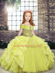 Perfect Floor Length Yellow Green Pageant Dress Womens Straps Sleeveless Lace Up