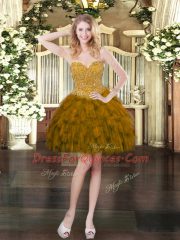 Sweetheart Sleeveless Prom Evening Gown Mini Length Beading and Ruffles Brown Organza