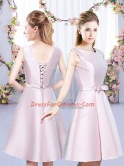 Mini Length Lace Up Quinceanera Court Dresses Baby Pink for Wedding Party with Bowknot