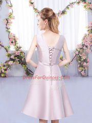 Mini Length Lace Up Quinceanera Court Dresses Baby Pink for Wedding Party with Bowknot