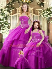 Fuchsia Strapless Lace Up Beading Quince Ball Gowns Sleeveless