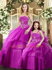 Fuchsia Strapless Lace Up Beading Quince Ball Gowns Sleeveless