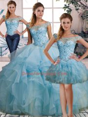 Unique Floor Length Three Pieces Sleeveless Light Blue Sweet 16 Dress Lace Up