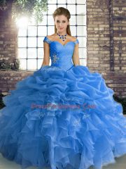 Dynamic Blue Organza Lace Up Off The Shoulder Sleeveless Floor Length Sweet 16 Quinceanera Dress Beading and Ruffles and Pick Ups