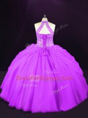Traditional Purple Ball Gowns Halter Top Sleeveless Tulle Lace Up Beading Quince Ball Gowns