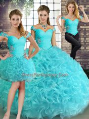 Nice Off The Shoulder Sleeveless Quinceanera Dresses Floor Length Beading Aqua Blue Fabric With Rolling Flowers