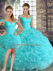 Nice Off The Shoulder Sleeveless Quinceanera Dresses Floor Length Beading Aqua Blue Fabric With Rolling Flowers